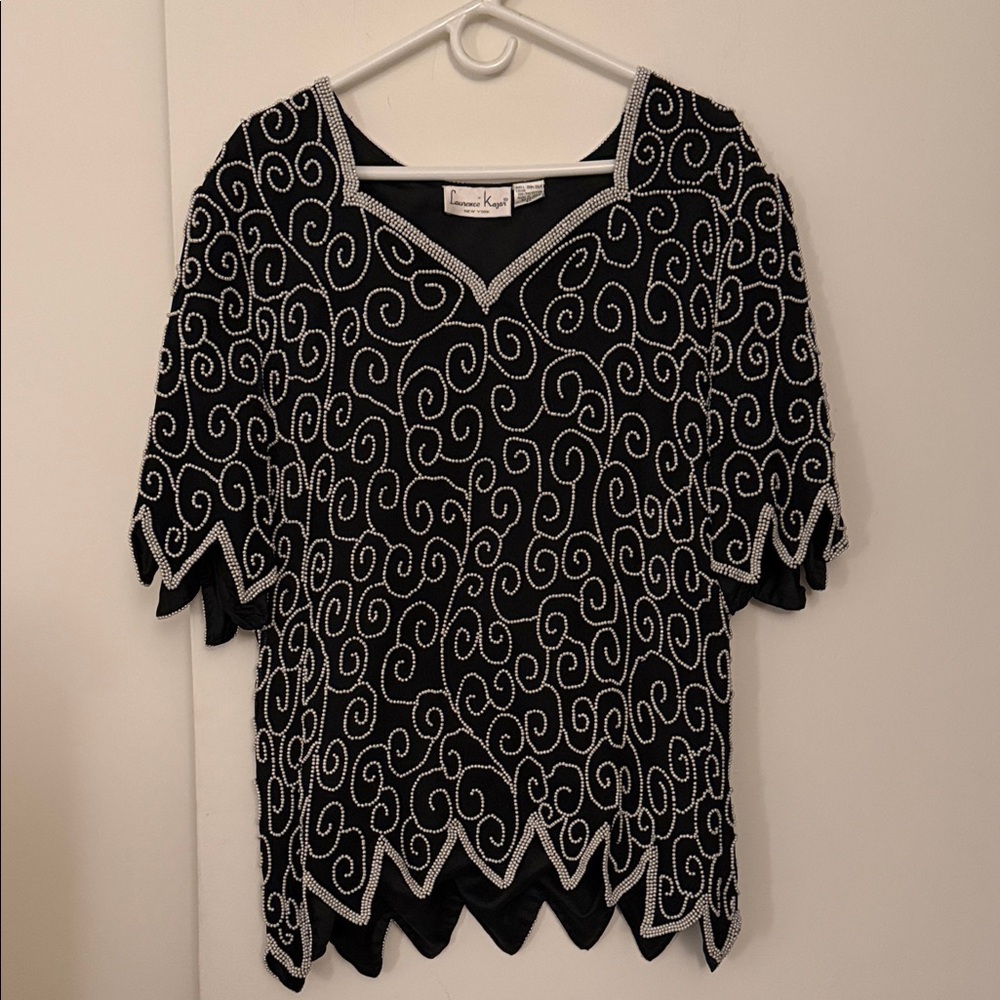 Laurence Kazar Black and White Pearl Silk Blouse